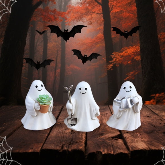 AZXY Halloween Decor, Set of 3 White Ghost Resin Figurines Cute Spooky Mini Ghost Tabletop Ornaments Tiered Tray Decor for Desk Shelf Mantel Fall Party Indoor Home Atmosphere Decor