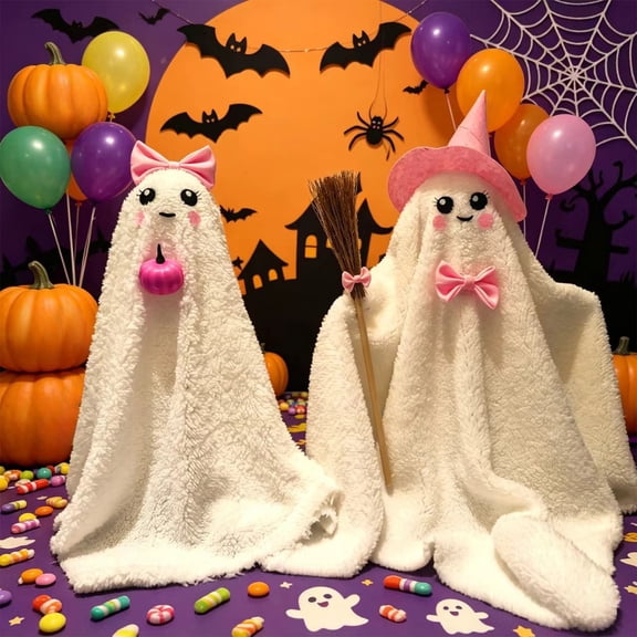 AZXY Halloween Decor Indoor Tabletop Lights, Soft Sherpa Fabric Ghost Ornament with Pink Bow & Light Up Pink Pumpkin Detail, Standing Plush Cloth Figurine for Mantel Sofa Home Halloween Party Decor