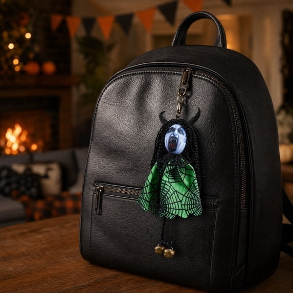 AZXY Halloween Decorations, Creepy Demon Doll Keychain with Bells, Spooky Green Spider Web Dress Ornament for Backpack Purse Halloween Party Bag Charm & Scene Layout Prop