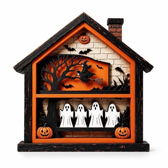AZXY Halloween Decorations, Ghost Bat Pumpkin Double Layer House Figurine Wooden Cutout, Detailed House Figurine Decor & Tabletop Decor, Dual Use Wall Shelf Accents, for Mantel Styling, Entryway