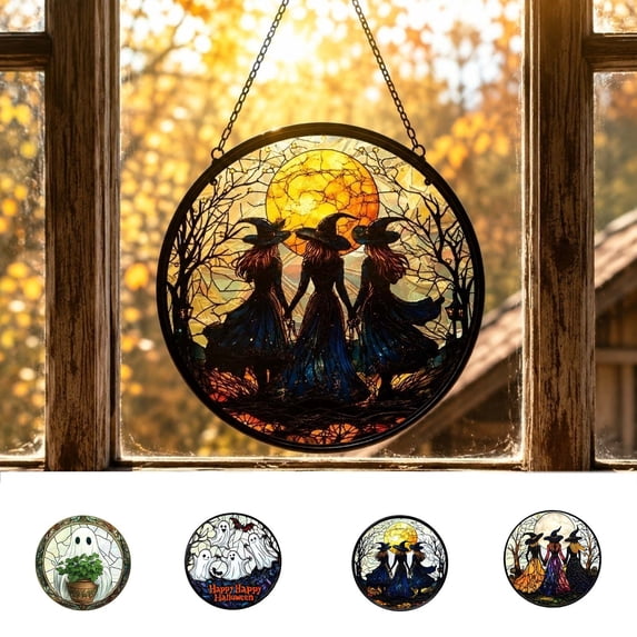 AZXY Halloween Decorations Halloween Party Decor Witchy Suncatcher Window Hanging, Three Witches Full Moon Acrylic Faux Stained Glass Ornaments, Gothic Wall Decor Gifts for Halloween Party Decor