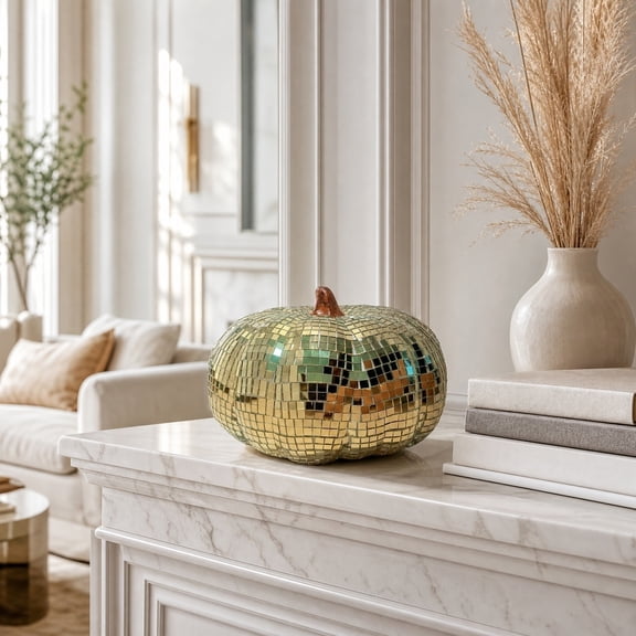 AZXY Halloween Decorations Indoor, Gold Mosaic Mirror Disco Pumpkin Tabletop Ornament Vintage Reflective Pumpkin Decor for Home Mantel Coffee Table Shelf Party Yard Front Porch