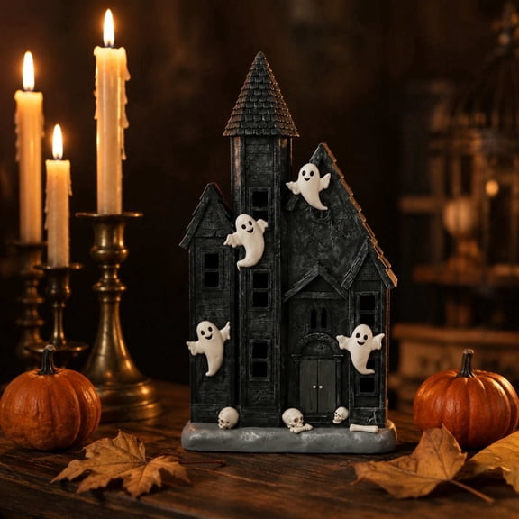 AZXY Halloween Decorations Indoor Outdoor, Resin Spooky Dark Castle Tabletop Ornament with Ghosts Skulls Bones LED Light Halloween Decor for Home Bedroom Mantel Party Yard Garden Front Porch