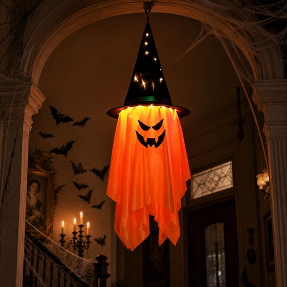 AZXY Halloween Decorations, Light Up Hanging Ghost Pendant With Witch Hat & Orange Fabric Skirt, Halloween Ghost Decor, Outdoor Hanging Prop For Yard Tree, Porch Beam, Party Entryway Layout