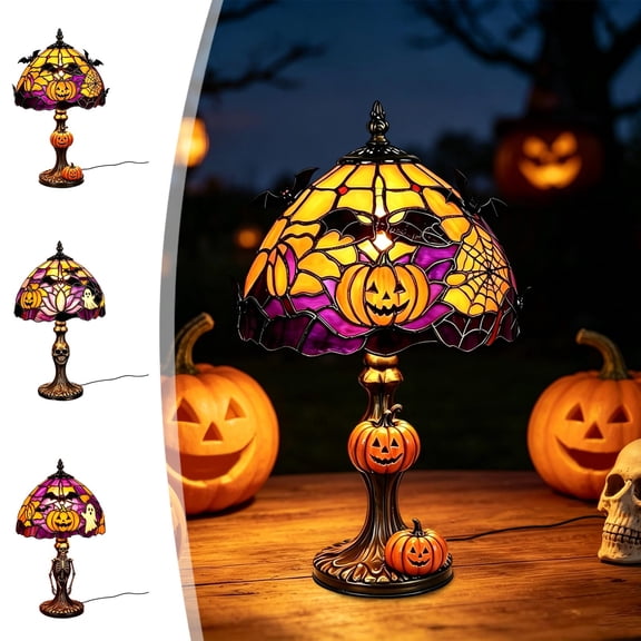 AZXY Halloween Decorations, Light Up Skeleton Base Stained Glass Table Lamp, Stained Glass Halloween Lights & Tabletop Decor, Gothic Spooky Accents, for Bar Layout, Haunted Mantel Styling