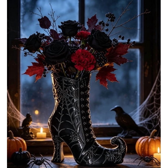 AZXY Halloween Decorations Witch Boot Shaped Resin Flower Vase, Cobweb Pattern Tall Floral Container for Artificial Rose Arrangement Table Entryway Indoor Halloween Party Tabletop Centerpiece Decor