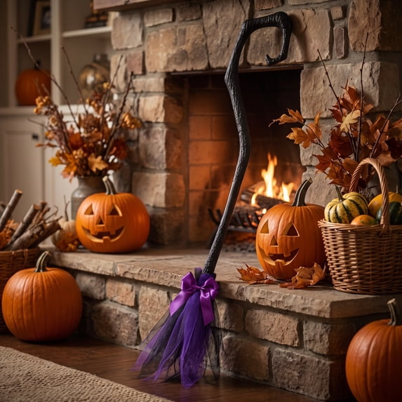 AZXY Halloween Decorations Witch Broom Halloween Costume, Broomstick with Ribbons for Women Party, Witch Costume Props, Decorative Straw Bristles for Cosplay Events Halloween Party Decor, Purple