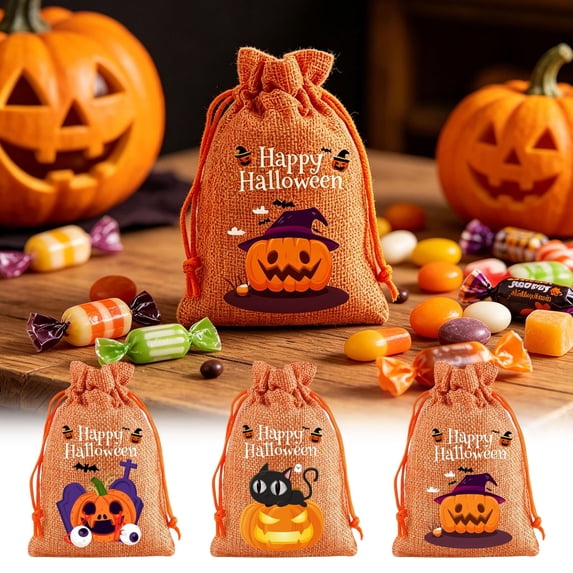 AZXY Halloween Drawstring Candy Pouches Texture Pumpkin Witch Print Treat Sacks, Reusable Portable Multipurpose Gift Goodie Bags for Halloween Party Favors & Holiday Decor Storage
