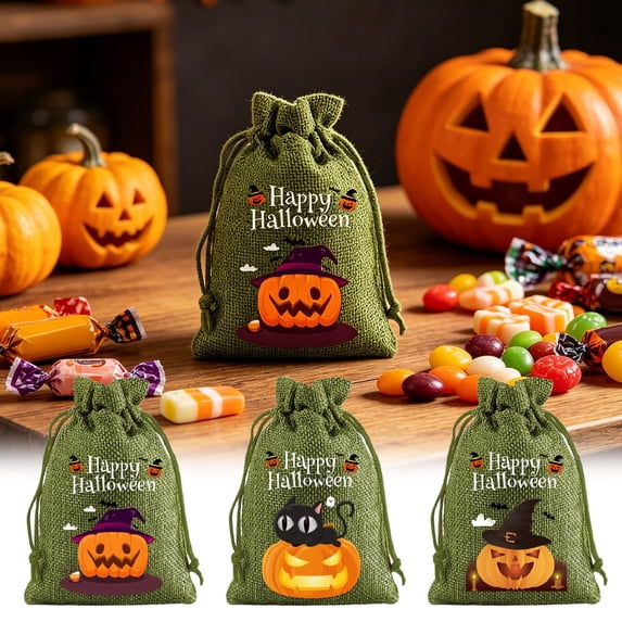 AZXY Halloween Drawstring Gift Bags Texture Pumpkin Print Candy Treat Pouches, Reusable Portable Multipurpose Goodie Sacks for Halloween Party Favors & Holiday Decor Storage