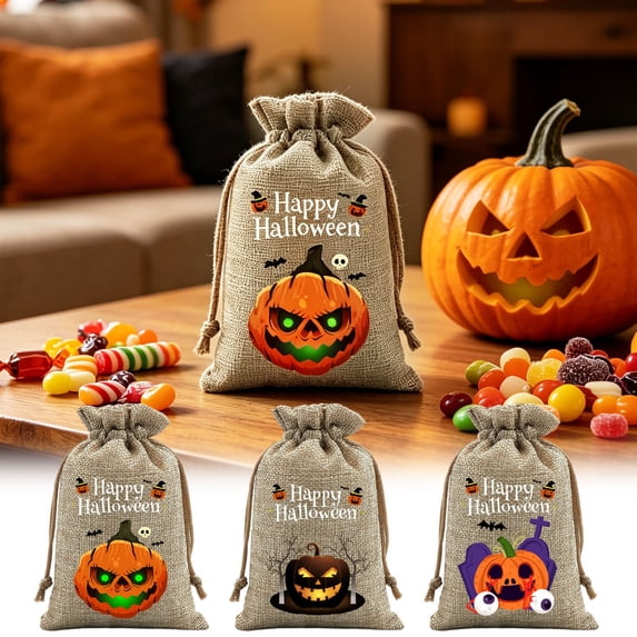 AZXY Halloween Drawstring Gift Bags Texture Pumpkin Print Candy Treat Pouches, Reusable Portable Multipurpose Goodie Sacks for Halloween Party Favors & Holiday Decor Storage