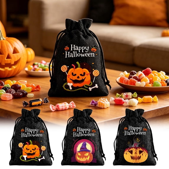 AZXY Halloween Drawstring Gift Bags Texture Pumpkin Print Candy Treat Pouches, Reusable Portable Multipurpose Goodie Sacks for Halloween Party Favors & Holiday Decor Storage, Black