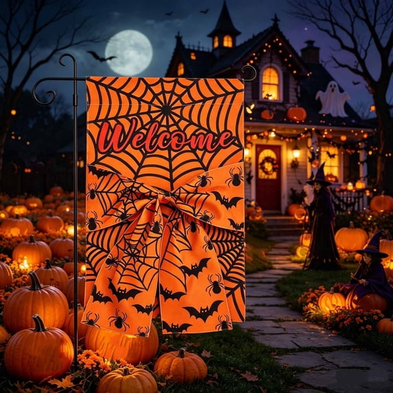 AZXY Halloween Garden Flag 12 x 18 Double Sided, Outdoor Garden Flags for Outside, Halloween Bow Spider Web Bat Decorative Yard Flag, Halloween Garden Decorations for Patio Outside Halloween Decor