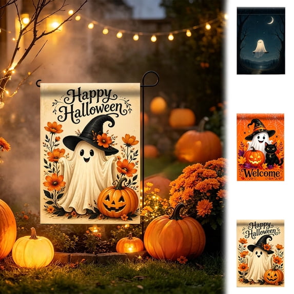 AZXY Halloween Garden Flag 12"x18" Double Sided, Happy Halloween Cute Ghost Witch Hat Pumpkin Floral Yard Flag, Farmhouse Fall Seasonal Decorative Banner for Front Porch Patio Lawn Outdoor Decor
