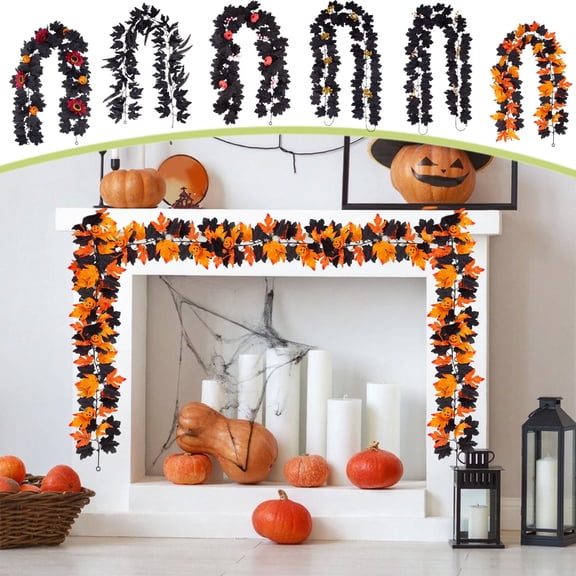 AZXY Halloween Garland, 5.8FT Black Artificial Maple Leaf Vine with Pumpkin, Halloween Decor, Halloween Party Decorations, Indoor Outdoor Hanging Garland for Home Fall Decor