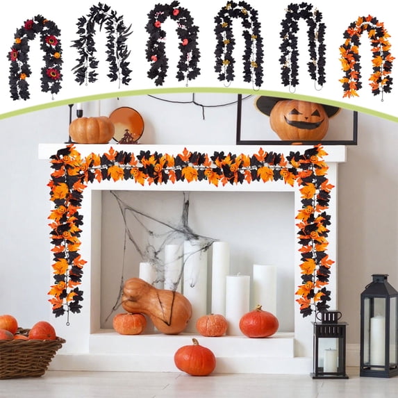 AZXY Halloween Garland Black, 5.8FT Faux Maple Leaf Vine, Halloween Decorations Outdoor Indoor, Spooky Hanging Garland for Garden Wall Staircase Home Party Mantle Fall Decor