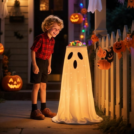 AZXY Halloween Ghost Candy Bowl, Surprised Round Hollow Face LED Glowing Candy Dish Stand, Battery Operated Ghost Ornament for Fence Side, Indoor Living Area & Trunk Or Treat Events