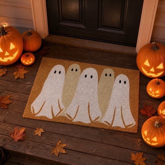 AZXY Halloween Ghost Family Doormat, Cute Neutral Tone Fall Welcome Mat, Whimsical Front Porch Entry Rug, for Stoop Threshold, Covered Patio, Soft Spooky Harvest Layout, Brown