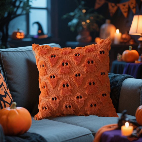 AZXY Halloween Ghost Throw Pillow Covers, 18 x 18 Inch Soft Plush Quilted Cotton Decorative Cushion Case, Holiday Decorations for Sofa Couch Home Halloween Party, Ideal for Halloween Gift, Orange