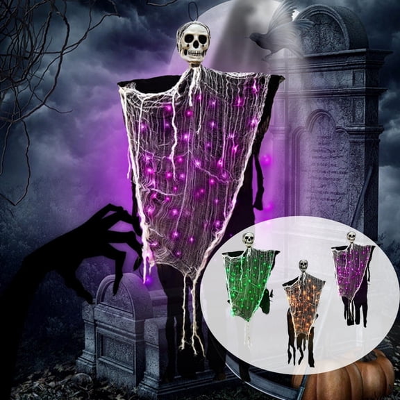 AZXY Halloween LED Hanging Skull Ghost Ornament, 2-Mode Green Light Tattered Gauze Decor, Halloween Outdoor Yard Porch Spooky Castle Entryway Party Spooky Horror Scene Prop