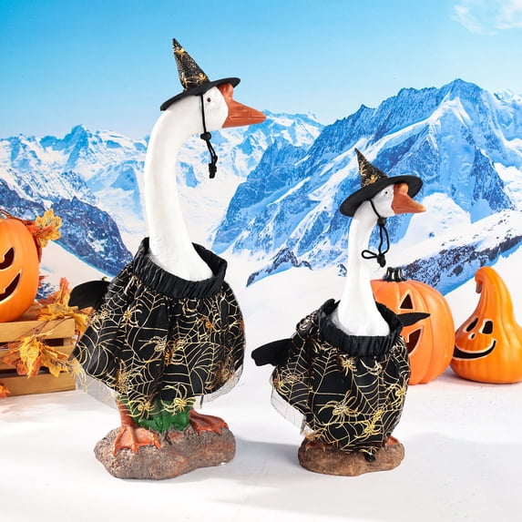 AZXY Halloween Porch Goose Outfit, 17 Inch Witch Costume with Gold Spider Web Tutu, Fall Goose Outfit for Small Desk Goose Statue, Goose Clothes, Indoor Outdoor Halloween Decorations for Home Party