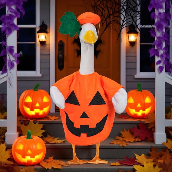 AZXY Halloween Porch Goose Outfit, 23 Inch Jack-O'-Lantern Pumpkin Costume with Matching Leaf Hat, Goose Clothes for Cement Plastic Goose, Fall Outdoor Halloween Decorations