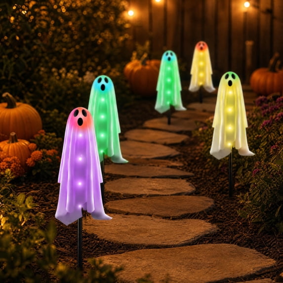 AZXY Halloween Smiling Ghost Solar Stake Lights, 6-Pack Halloween Outdoor Decor, Halloween Yard Decor Halloween Lights, Halloween Decorations, Spooky Waterproof Lawn Fall Garden Landscape Ornament