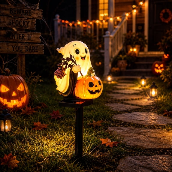 AZXY Halloween Solar Stake Lights Waterproof Ghost Pumpkin Pathway Lights, Halloween Decorations Outdoor, Halloween Yard Decor Halloween Lights, Spooky Garden Stake Lights for Lawn Patio Fall Decor