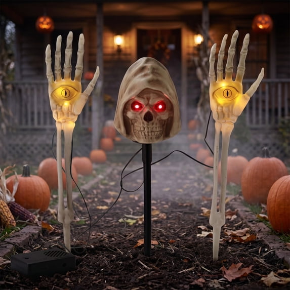 AZXY Halloween Stake Light, 3PCS Warm Yellow Glow Skeleton Yard Stake, Metal Ground Stake For Patio & Night Halloween Gathering Decor