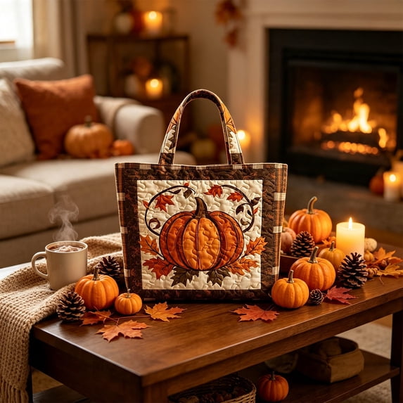 AZXY Halloween Tote Bag for Women, Quilted Cotton Shoulder Handbag with Pumpkin Autumn Leaf Pattern, Reusable Sturdy Handles for Trick‑or‑Treating Fall Thanksgiving Holiday Daily Shopping