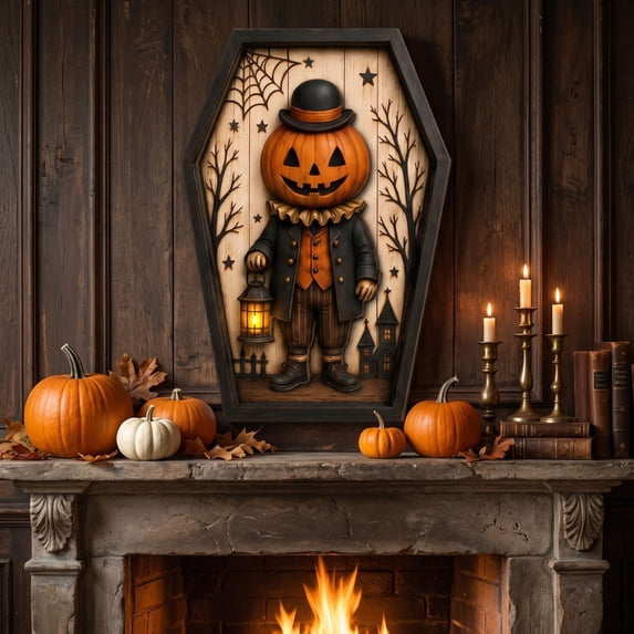AZXY Halloween Wooden Framed Halloween Hanging Picture, Vintage Wall Art Plaque, Spooky Wall Hanging Ornament, Halloween Home Decor for Entryway Living Room Cafe Party Use