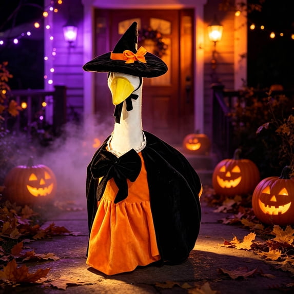 AZXY HalloweenPorch Goose Outfit, Fits 23‑Inch Porch Goose Statue, Witch‑Themed Goose Clothing, Goose Cloth, Fall Costume for Cement Plastic Goose, Outdoor Yard Patio Garden Porch Decor