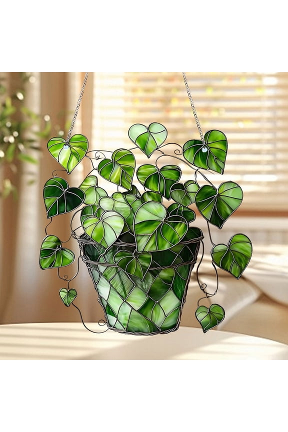 Hanging Ornaments, Green Heart Plant Hanger 2D Flat Plant Window Decoration Hanging Ornament for Garden, Home, Valentine's Day Decor