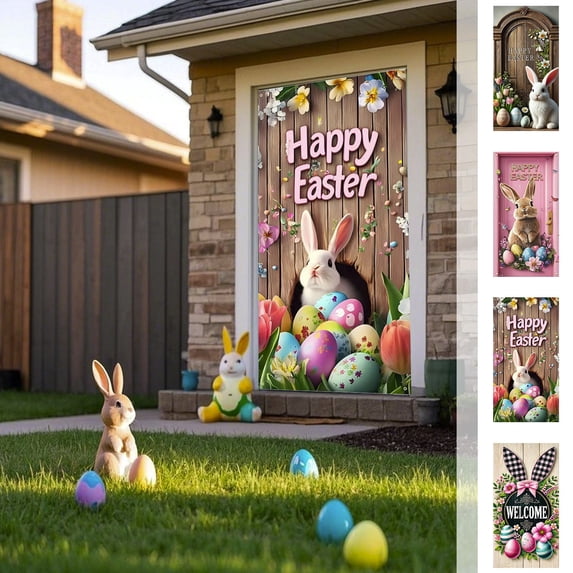 AZXY Happy Easter Bunny Door Cover 71x35 Inch, Colorful Easter Eggs Door Banner Backdrop, Spring Front Door Decorations for Outdoor Porch Farmhouse Easter Party Wall Home Decor