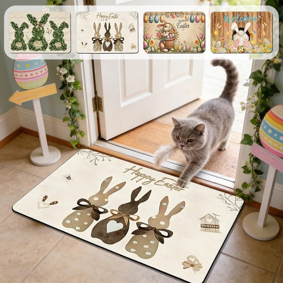 AZXY Happy Easter Bunny Trio Rug 23.6"x15.8", Rustic Bow Non-Slip Stain-Resistant Entryway Doormat, Washable Indoor Outdoor Area Rug for Bedroom Living Room Kitchen Easter Decorations