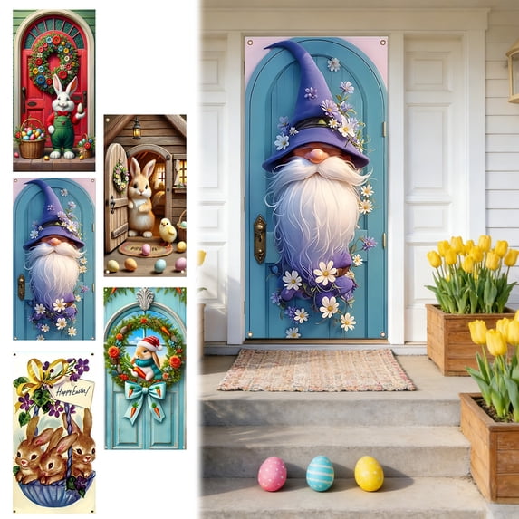 AZXY Happy Easter Door Cover 71x35 Inch, Three Bunnies in Basket with Violets Door Banner Backdrop, Spring Vintage Front Door Decorations for Outdoor Porch Farmhouse Easter Party Wall Home Decor
