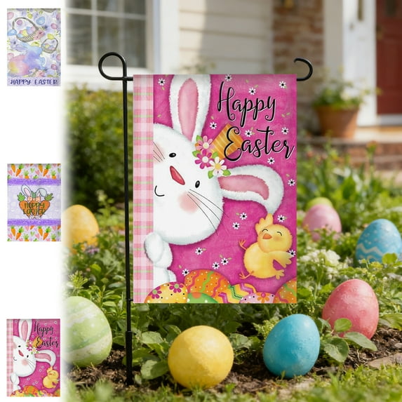 AZXY Happy Easter Garden Flag 12.6x18.5 Inch, Double-Sided Polyester Watercolor Bunny with Easter Egg Baskets Floral Print Outdoor Party Yard Flag for Spring Garden Decorations