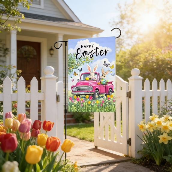 AZXY Happy Easter Garden Flag 12x18 Inch, Double-Sided Linen Bunnies in Pink Truck with Easter Eggs Tulip Print Outdoor Yard Flag for Front Yard Porch Spring Holiday Decorations