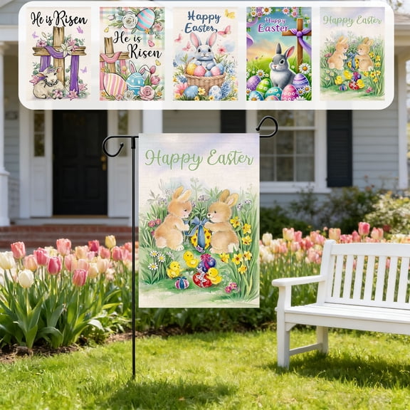 AZXY Happy Easter Garden Flag 12x18 Inch, Double-Sided Polyester "He is Risen" Cross with Lamb Lily Print Outdoor Yard Flag for Front Yard Porch Spring Holiday Decorations
