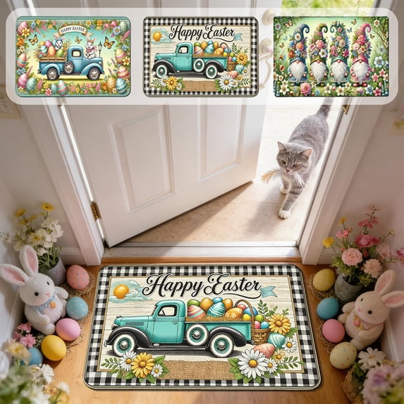 AZXY Happy Easter Truck Rug 23.6"x15.8", Vintage Bunny Floral Egg Non-Slip Stain-Resistant Entryway Doormat, Washable Indoor Outdoor Area Rug for Bedroom Living Room Kitchen Easter Decorations