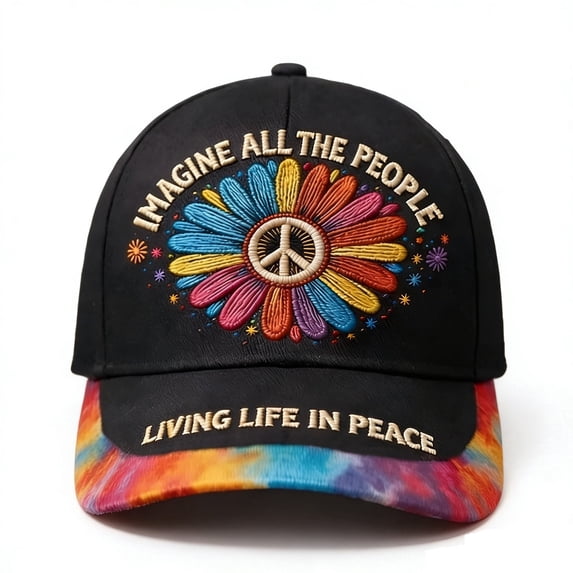 AZXY Imagine Peace Flower Embroidered Baseball Cap, Tie-Dye Brim Statement Hat for Casual Streetwear and Vacation, Black
