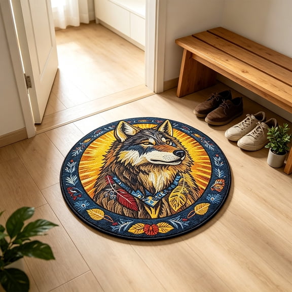 AZXY Imitation 3D Tribal Wolf Pattern Round Rug 16 Inch, Fuzzy Soft Flocked Decor Doormat, Non-Slip Washable Printed Floor Mat for Front Back Door, Entryway, Bedroom