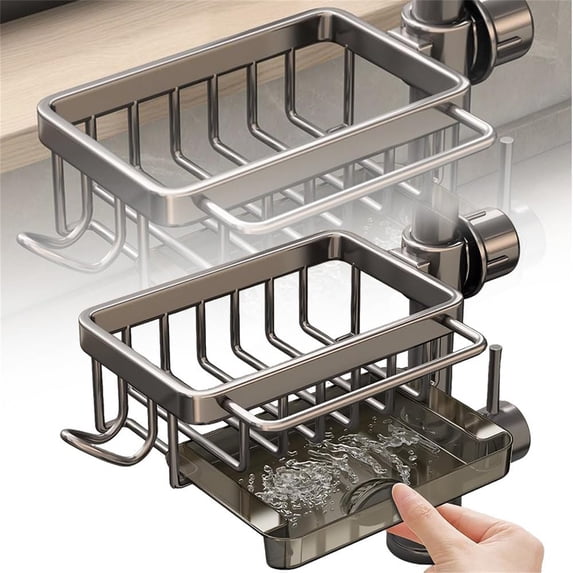 AZXY Kitchen Sink Caddy, Sponge Holder for Kitchen Sink, Kitchen Sink Organizer with Draining Tray and Dishcloth Rack, Adjustable Holder Over Faucet for Storage Sponge Holder Soap Brush Dispenser