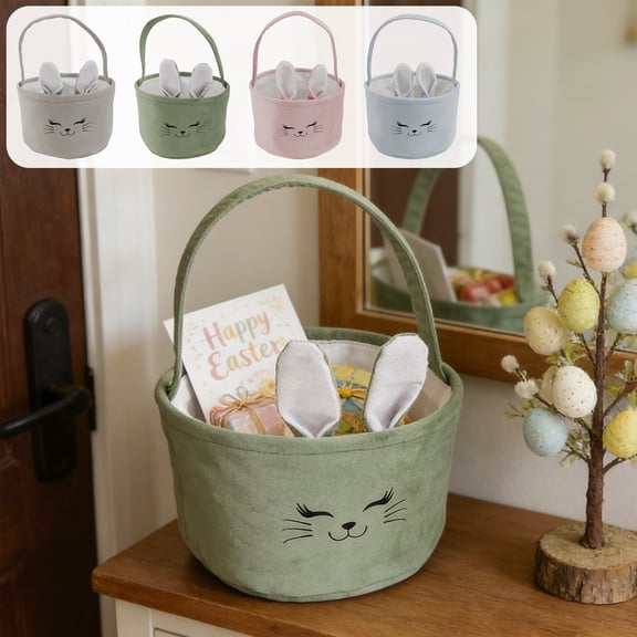 AZXY Light Blue Bunny Easter Basket 9"x6", Empty Easter Gift Basket with 3D Ears for Kids Boys Girls, Reusable Storage Gifting Basket for Easter Candy Egg Hunting