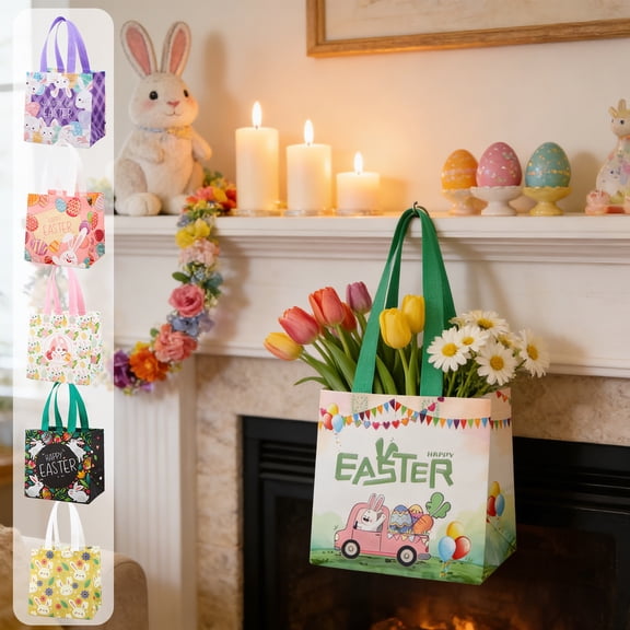 AZXY Medium Size Easter Bunny Gift Bag with Handle, 7.87" × 5.90" × 7.87" Non-Woven Reusable Bunny Car Print Tote Bag for Kids Girls Easter Egg Hunt Party Favors Shopping Gifts Wrapping