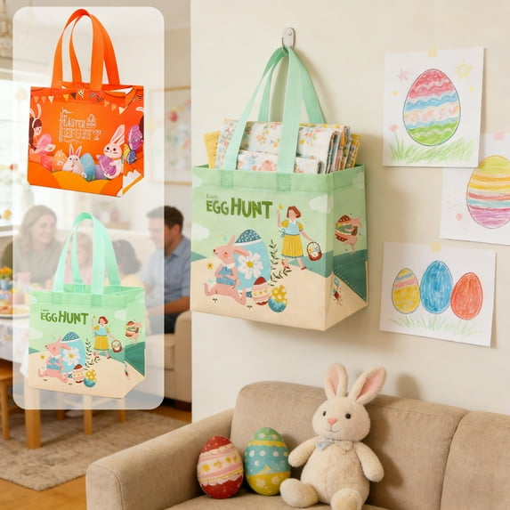 AZXY Medium Size Easter Bunny Gift Bag with Handle, 7.87" × 5.90" × 7.87" Non-Woven Reusable Mint Green Egg Hunt Tote Bag for Kids Girls Party Favors Shopping Gifts Wrapping