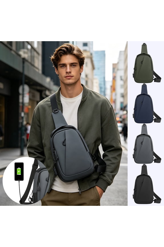 Minimalist Sling Crossbody Bag, Structured Chest Pack With Cable Port For Work, Commute And Daily Errands, Gray