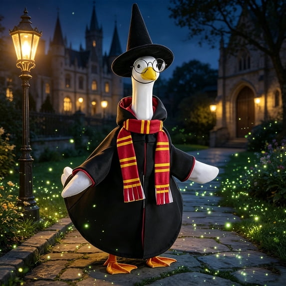 AZXY Mysterious Wizard Magic Robe Porch Goose Outfit Set, Retro Academy Style Goose Costume With Hat Scarf Fit 23 Inch Goose Figurine, All Weather Home Exterior Universal Ornament Decor