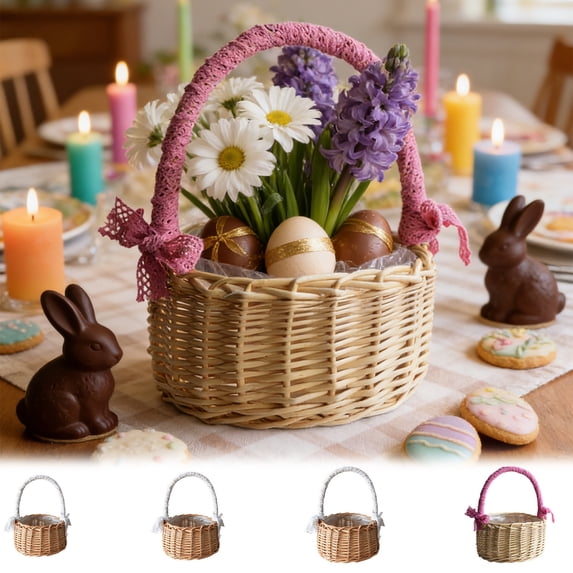 AZXY Natural Wicker Easter Basket 7"x9", Empty Easter Gift Basket with White Lace Handle, Reusable Storage Gifting Basket for Kids Girls, Easter Candy Egg Hunting & Floral Arrangements