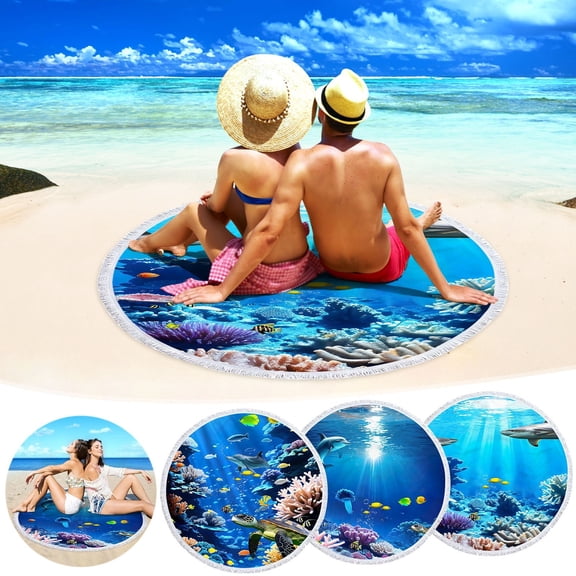 AZXY Ocean Round Beach Towel, 60 Inch, Microfiber, Polyester, Sandproof, Quick Dry, Soft, Foldable, Beach Blanket, Mat, Shawl, Picnic