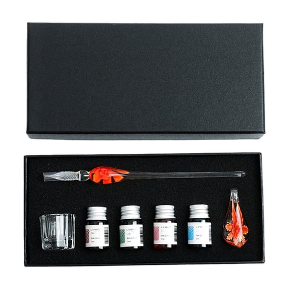 AZXY Orange Flower Glass Dip Pen Set, Vibrant Writing Kit with 4 Inks, Pen Rest & Cleaning Cup, Decorative Glass Pen for Signatures, Journaling & Gifting